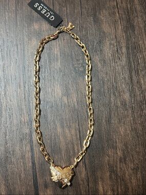 Guess Gold-Tone Heart Charm Necklace with Crystal Accents